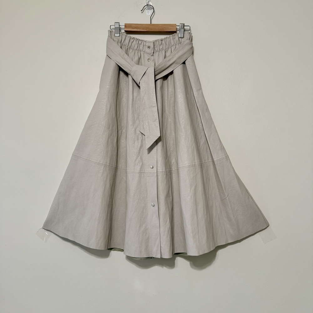 Zara Faux Leather A Line Pleated Midi Skirts Belt Pockets Ivory Cream White